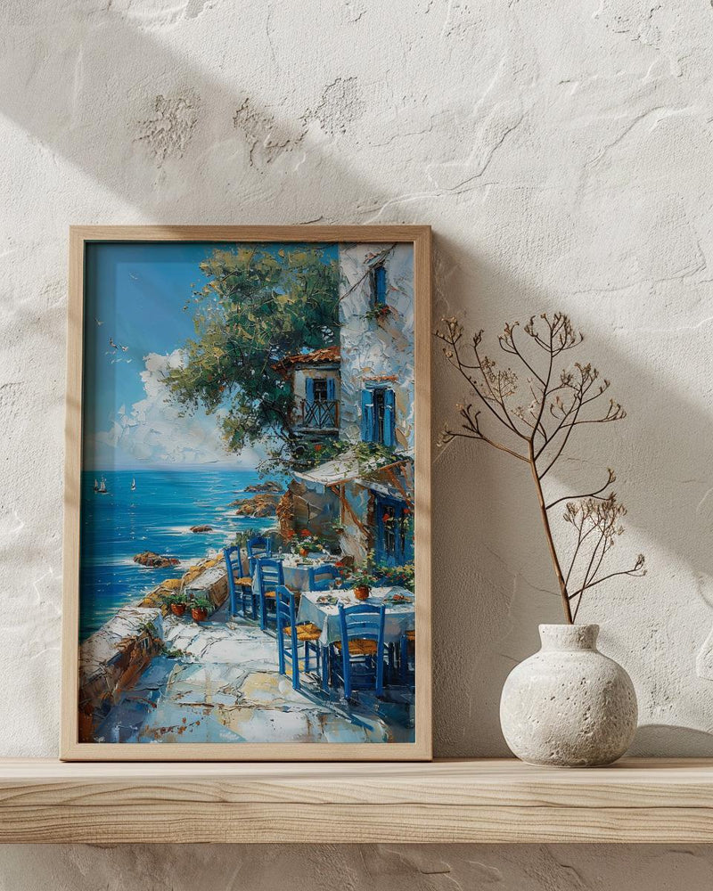 Greek Taverna Art, Greece Ocean Decor - Blue Chair Poster