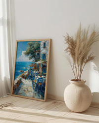 Greek Taverna Art, Greece Ocean Decor - Blue Chair Poster