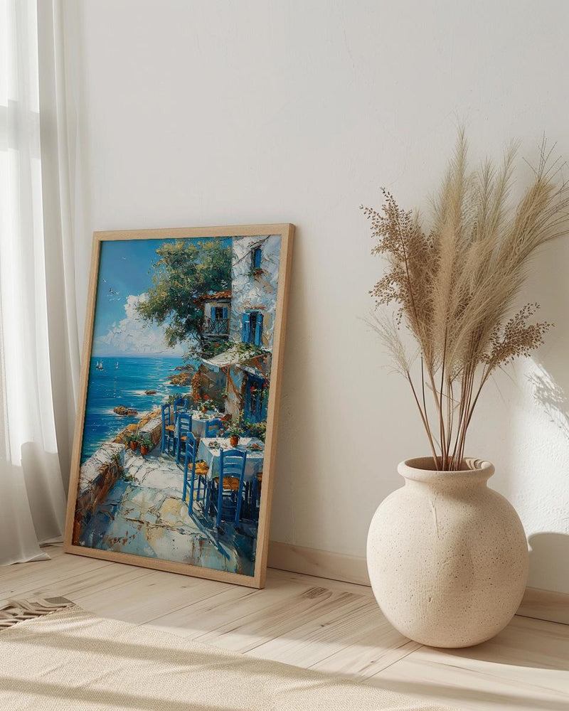 Greek Taverna Art, Greece Ocean Decor - Blue Chair Poster