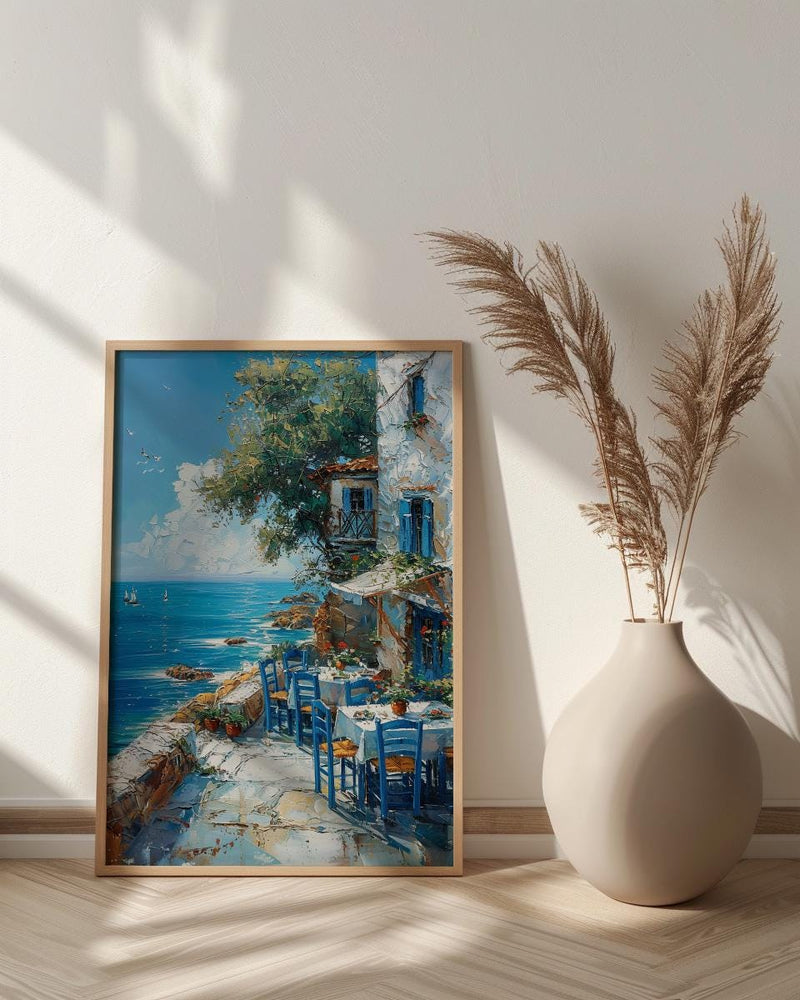 Greek Taverna Art, Greece Ocean Decor - Blue Chair Poster