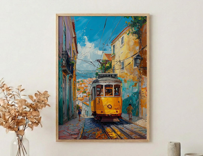 Lisbon Tram Art Print, Portugal City Decor - Cobblestone Street