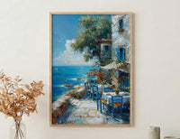 Greek Taverna Art, Greece Ocean Decor - Blue Chair Poster
