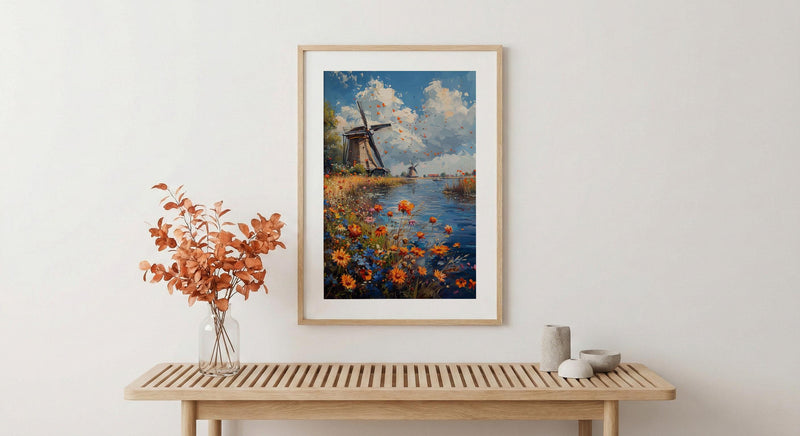 Dutch Windmill Art, Netherlands Decor - Historic Canal Print