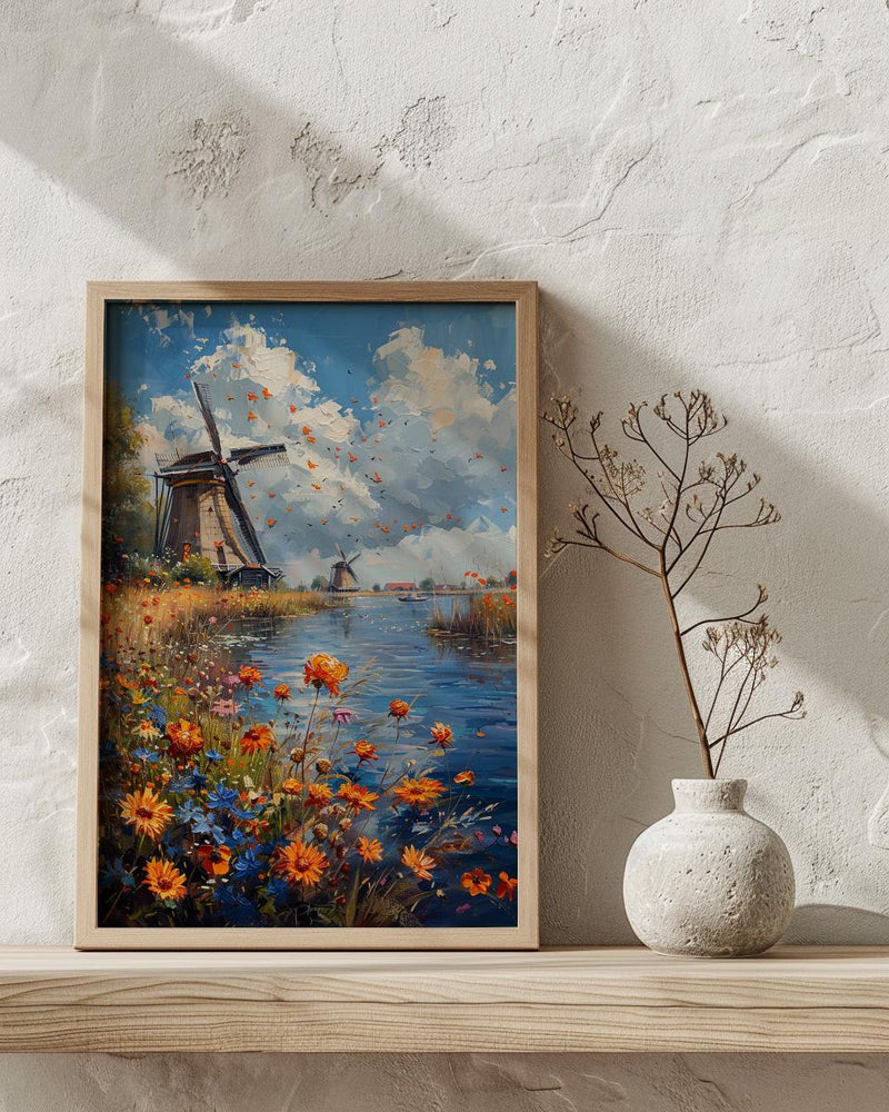 Dutch Windmill Art, Netherlands Decor - Historic Canal Print