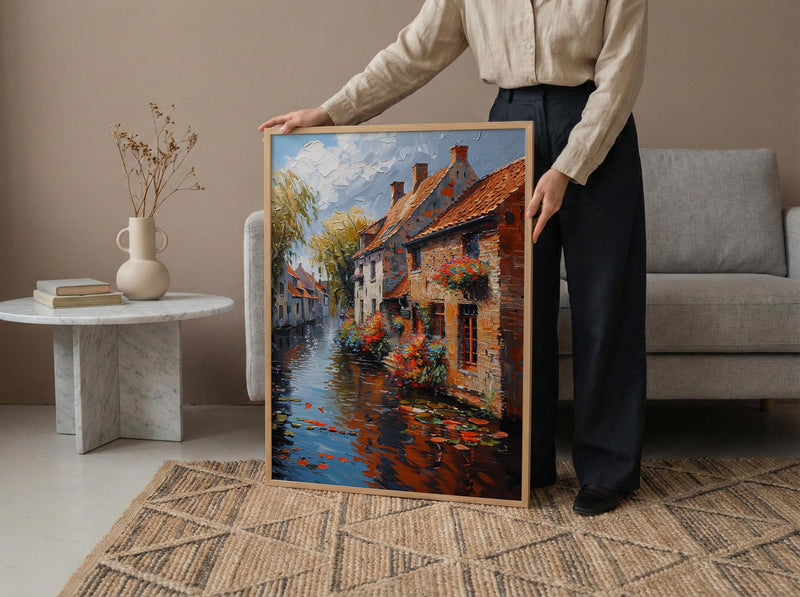 Bruges Canal Poster, Belgium City Decor - Medieval Brick Art