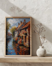 Bruges Canal Poster, Belgium City Decor - Medieval Brick Art