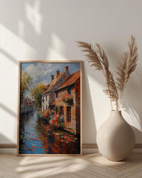 Bruges Canal Poster, Belgium City Decor - Medieval Brick Art