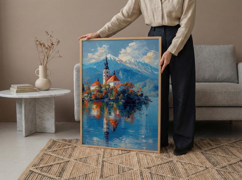 Lake Bled Art Print, Slovenia Island Decor - Alpine Church Poster