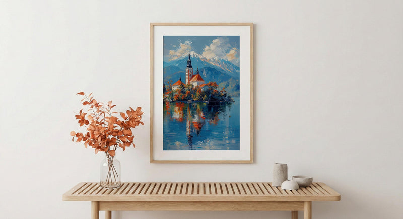 Lake Bled Art Print, Slovenia Island Decor - Alpine Church Poster