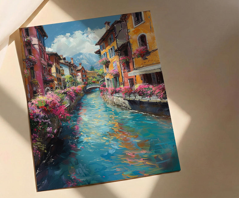 Annecy France Poster, Turquoise Canal Decor - Medieval House Art