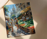 Paris Market Art Print, Organic Food Home Decor - Rustic Bread Green Vegetable Summer Setting