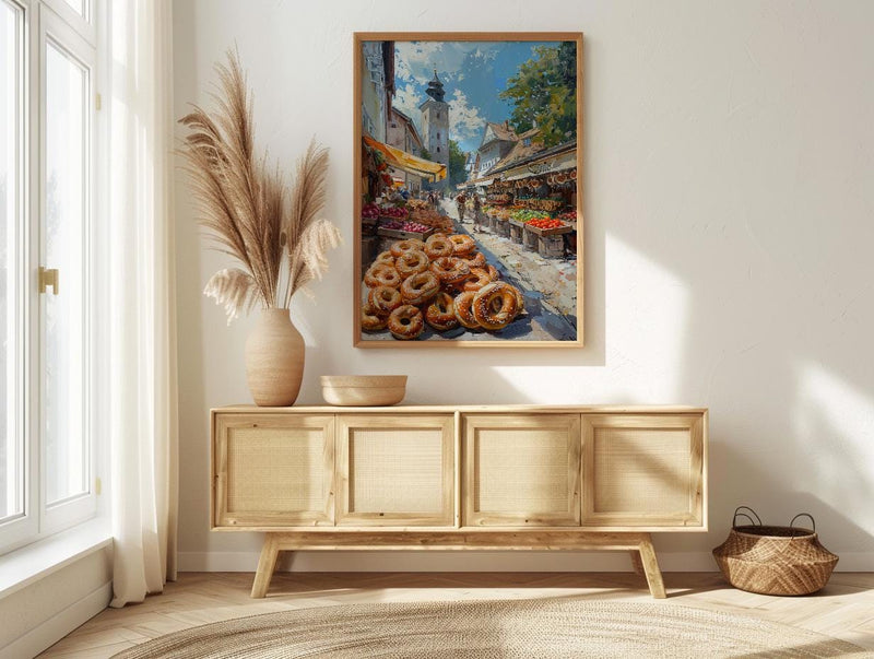 Munich Market Wall Art, Viktualienmarkt City Home Decor - Giant Fresh Pretzel Stall Summer Retreat