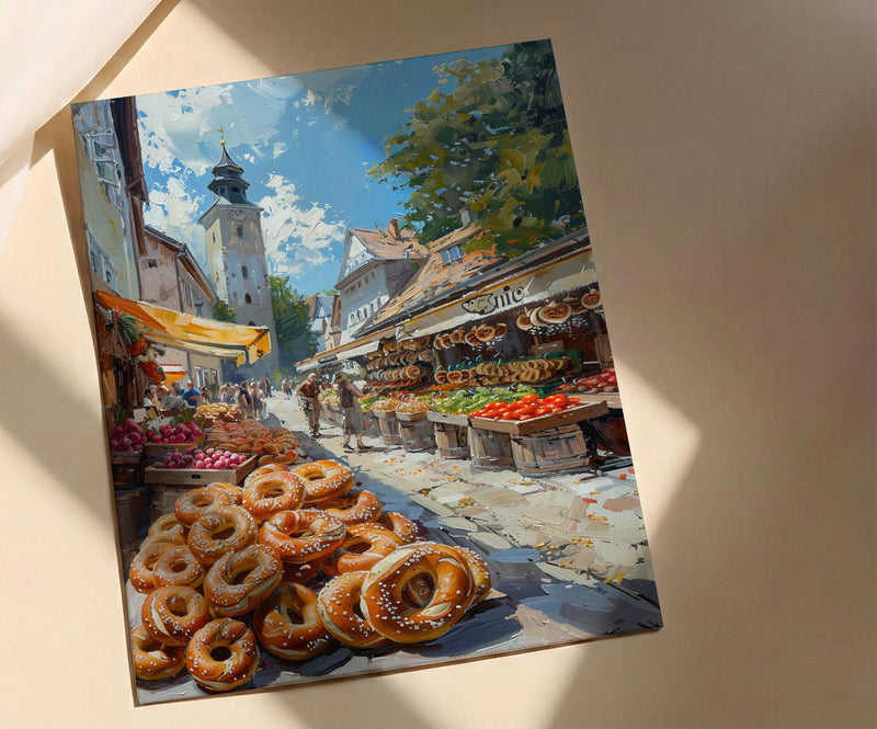 Munich Market Wall Art, Viktualienmarkt City Home Decor - Giant Fresh Pretzel Stall Summer Retreat