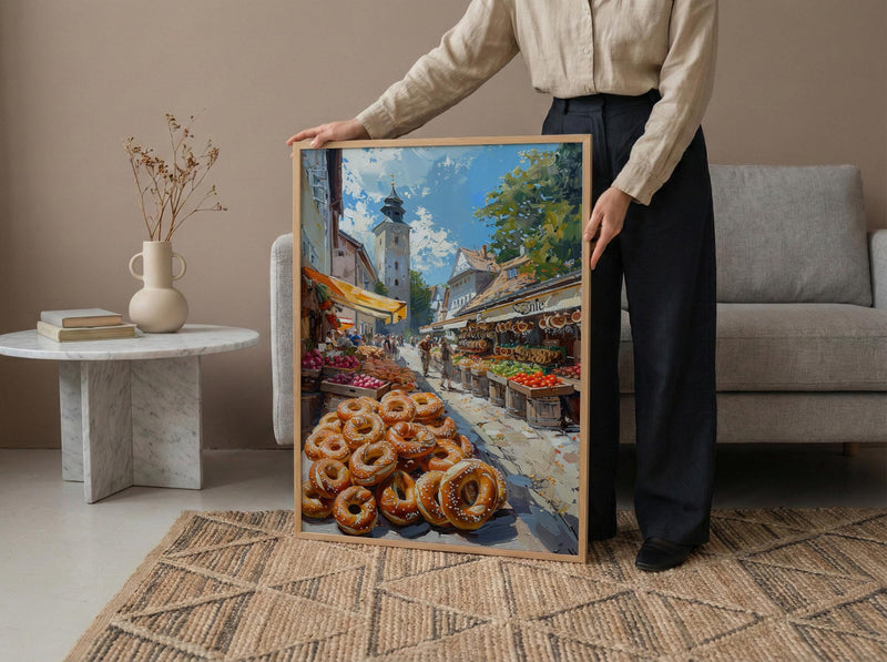 Munich Market Wall Art, Viktualienmarkt City Home Decor - Giant Fresh Pretzel Stall Summer Retreat