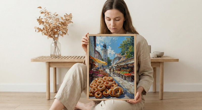 Munich Market Wall Art, Viktualienmarkt City Home Decor - Giant Fresh Pretzel Stall Summer Retreat