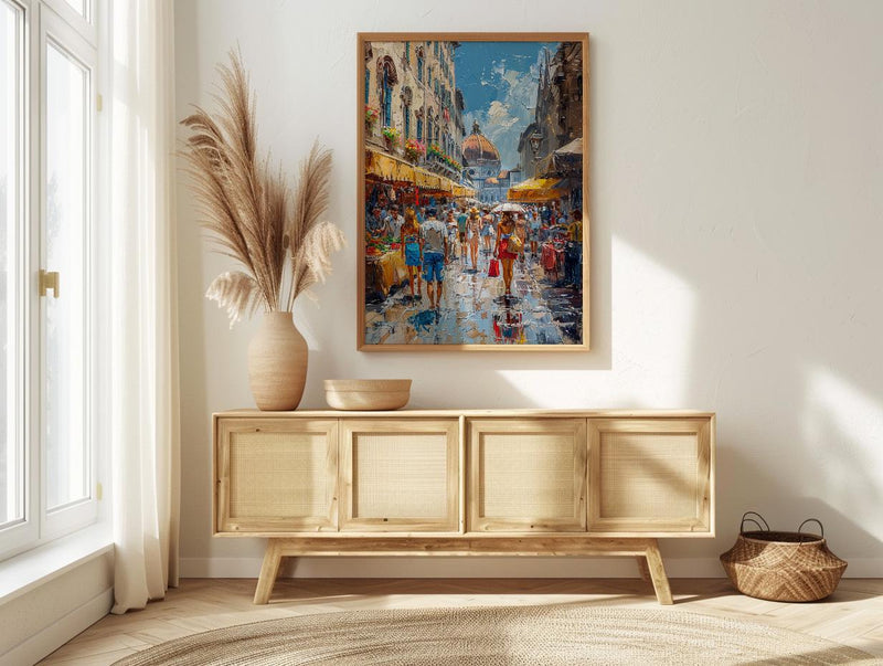 Florence Market City Poster, Italy Leather Home Decor - Vibrant Red Brown Bag Summer Landscape