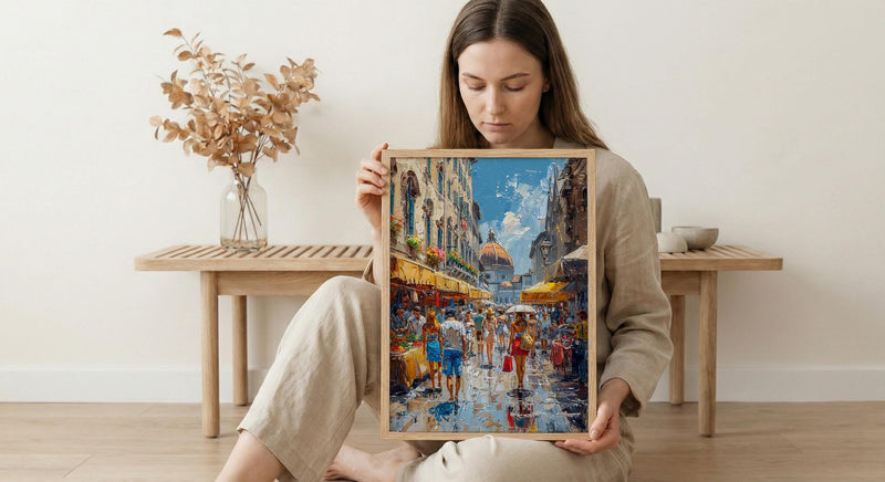 Florence Market City Poster, Italy Leather Home Decor - Vibrant Red Brown Bag Summer Landscape