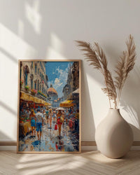 Florence Market City Poster, Italy Leather Home Decor - Vibrant Red Brown Bag Summer Landscape