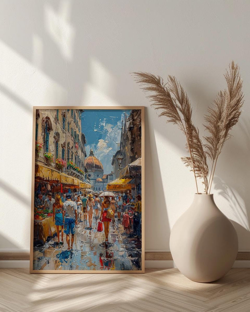 Florence Market City Poster, Italy Leather Home Decor - Vibrant Red Brown Bag Summer Landscape