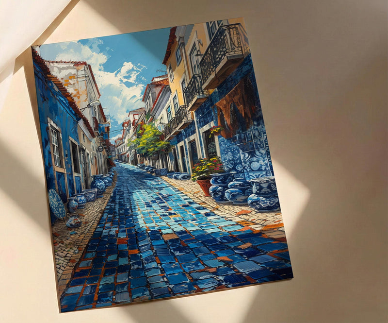 Lisbon Market Art Print, Portugal Tile Home Decor - Blue Azulejo Rustic Antique Summer Vibe