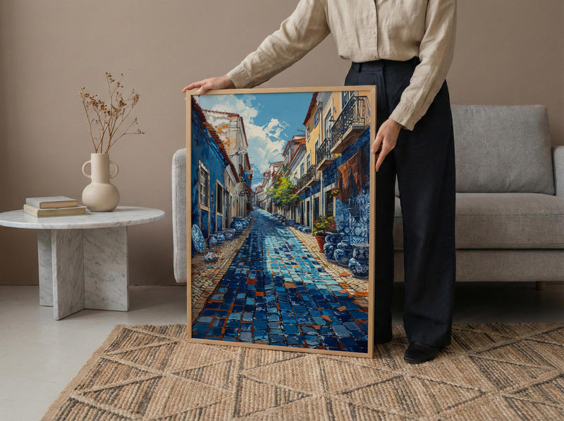 Lisbon Market Art Print, Portugal Tile Home Decor - Blue Azulejo Rustic Antique Summer Vibe