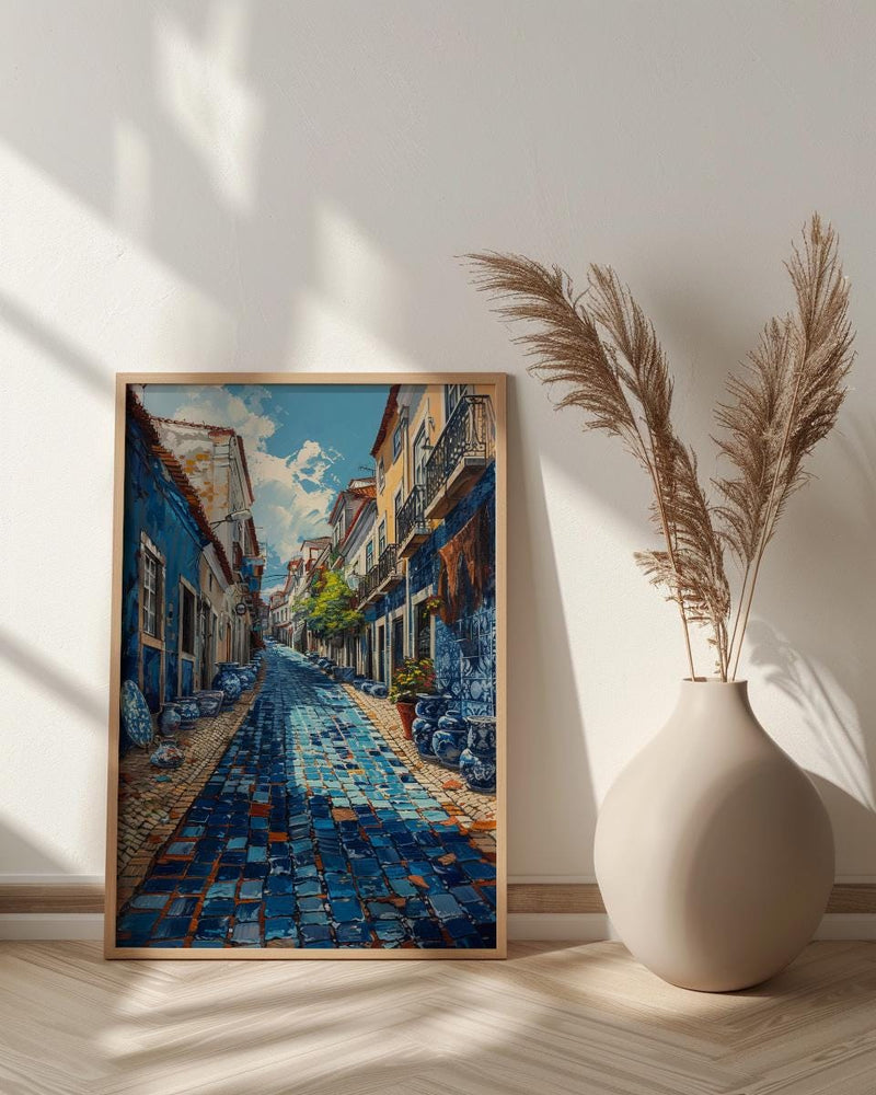 Lisbon Market Art Print, Portugal Tile Home Decor - Blue Azulejo Rustic Antique Summer Vibe