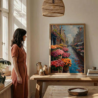 Amsterdam Flower Market Poster, Bloemenmarkt Tulip Home Decor - Vibrant Canal Floating Bulb Summer Artwork