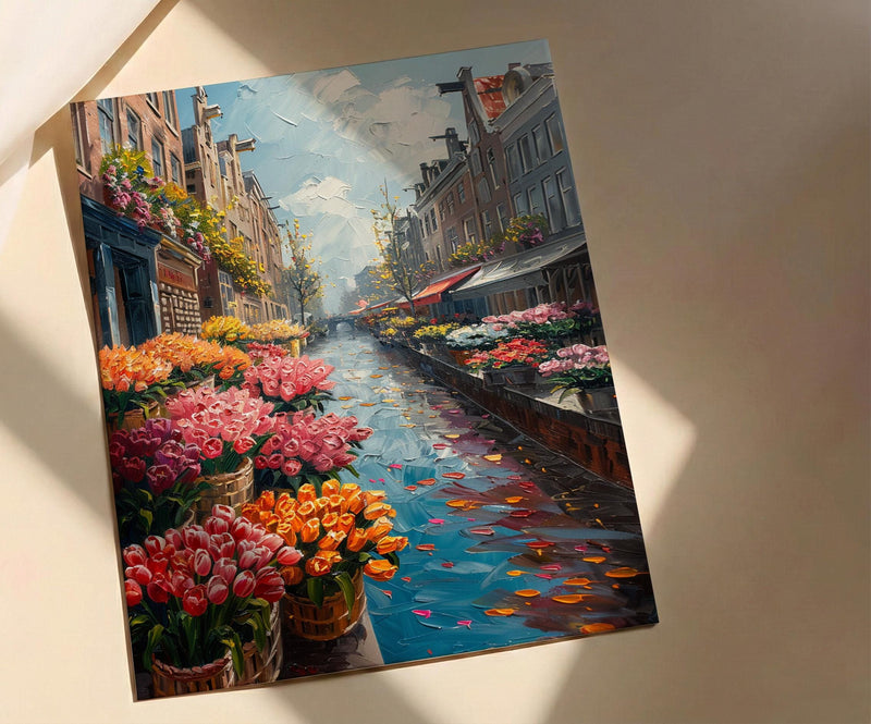 Amsterdam Flower Market Poster, Bloemenmarkt Tulip Home Decor - Vibrant Canal Floating Bulb Summer Artwork