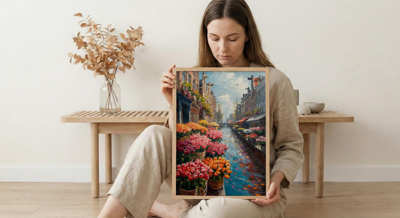 Amsterdam Flower Market Poster, Bloemenmarkt Tulip Home Decor - Vibrant Canal Floating Bulb Summer Artwork