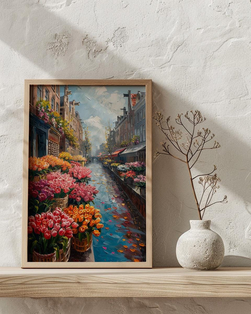 Amsterdam Flower Market Poster, Bloemenmarkt Tulip Home Decor - Vibrant Canal Floating Bulb Summer Artwork