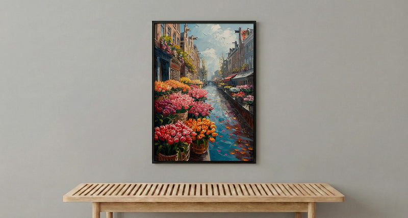Amsterdam Flower Market Poster, Bloemenmarkt Tulip Home Decor - Vibrant Canal Floating Bulb Summer Artwork