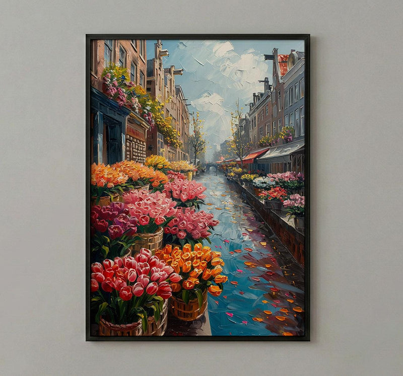 Amsterdam Flower Market Poster, Bloemenmarkt Tulip Home Decor - Vibrant Canal Floating Bulb Summer Artwork