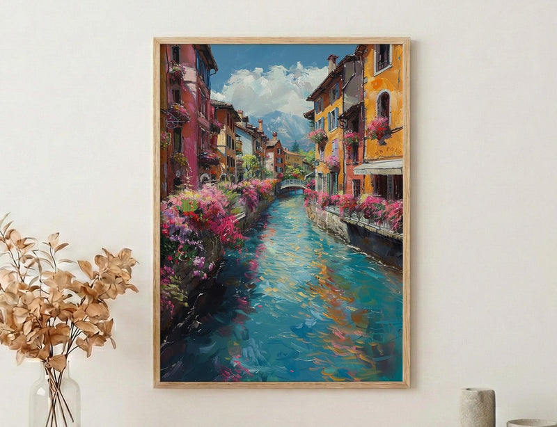 Annecy France Poster, Turquoise Canal Decor - Medieval House Art