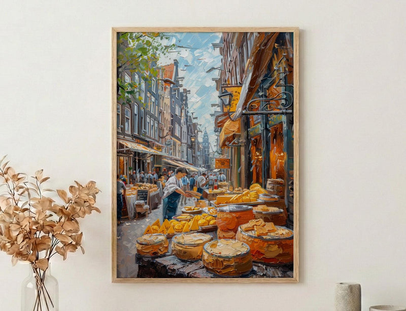 Amsterdam Market Art Print, Stroopwafel Food Home Decor - Bright Yellow Cheese Stall Summer Vibe
