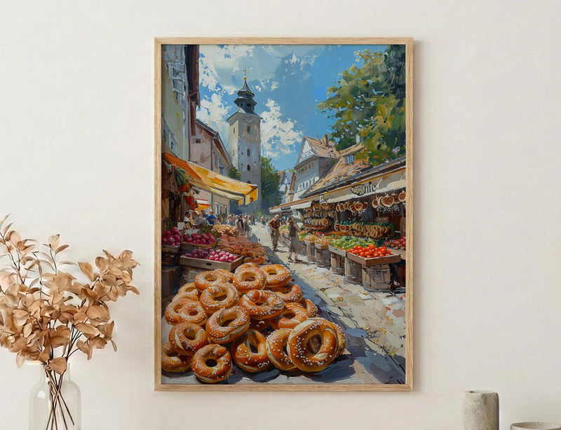 Munich Market Wall Art, Viktualienmarkt City Home Decor - Giant Fresh Pretzel Stall Summer Retreat