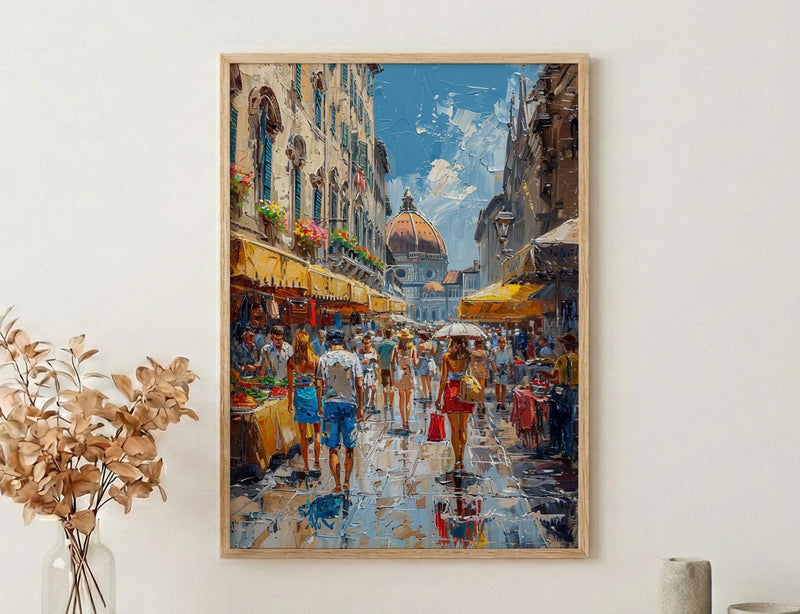 Florence Market City Poster, Italy Leather Home Decor - Vibrant Red Brown Bag Summer Landscape