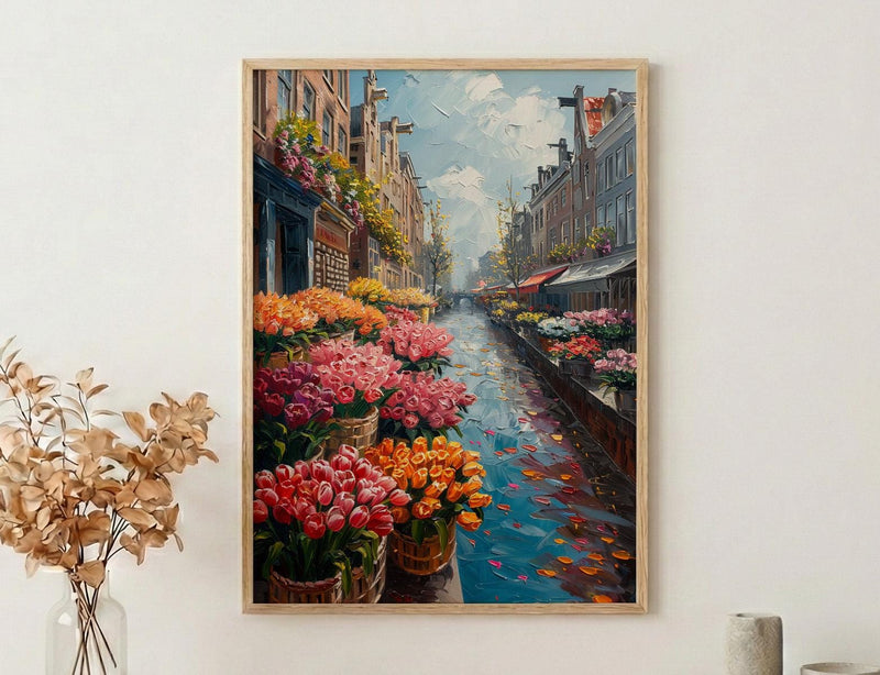 Amsterdam Flower Market Poster, Bloemenmarkt Tulip Home Decor - Vibrant Canal Floating Bulb Summer Artwork
