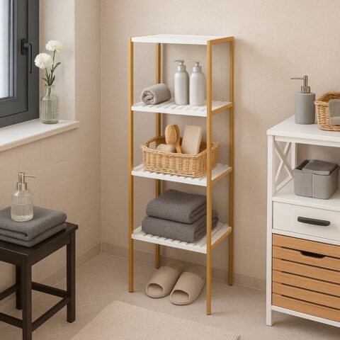 4-Tier Bamboo Bath Shelf – Slim Bathroom Storage Rack for Towels and Toiletries, 34x33x110cm, White