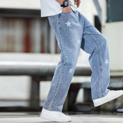 Men's Wide Leg Jeans – Loose Fit Blue Denim Pants, Washed Finish, Casual Everyday Wear