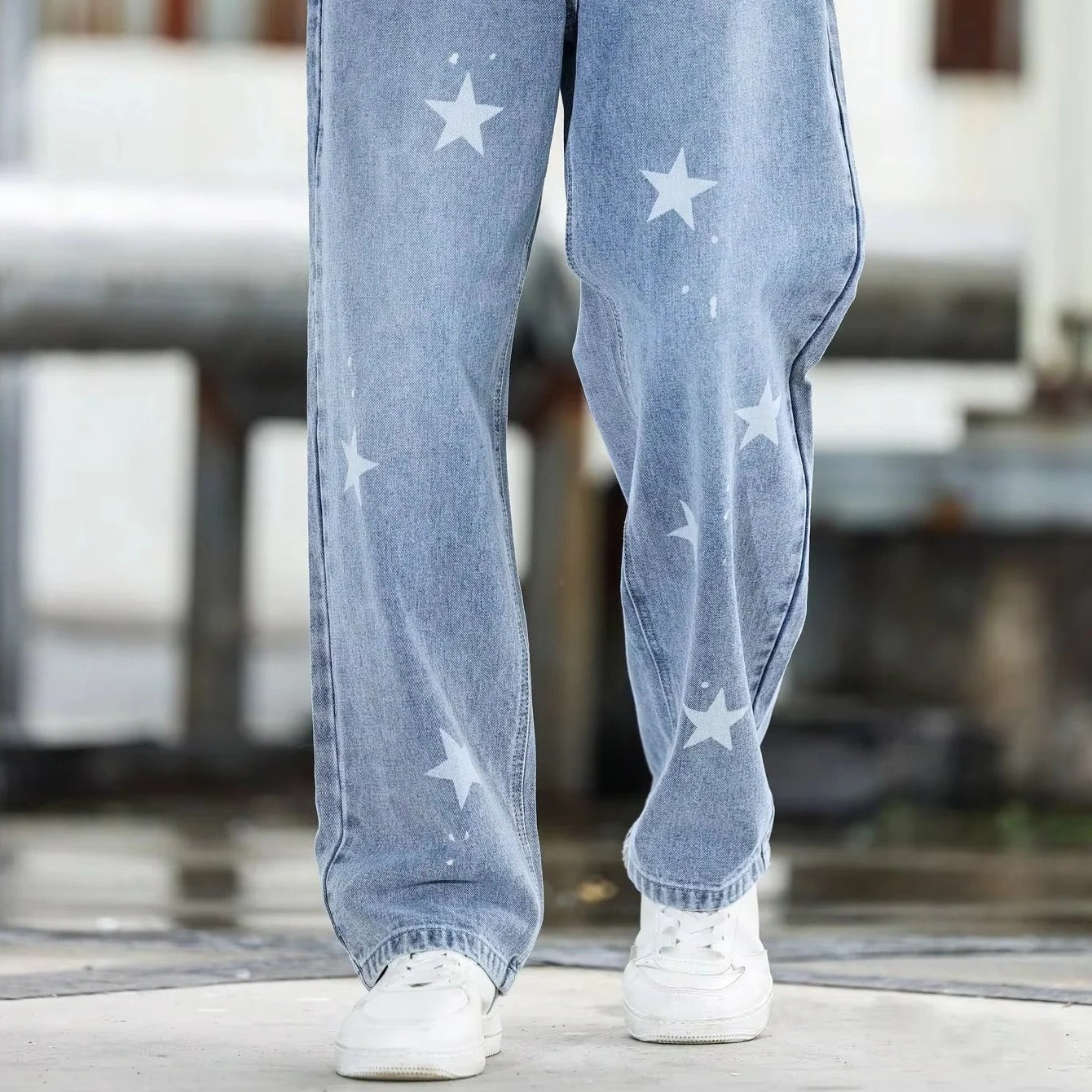Men's Wide Leg Jeans – Loose Fit Blue Denim Pants, Washed Finish, Casual Everyday Wear
