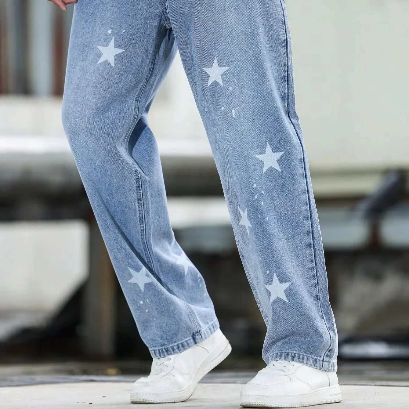 Men's Wide Leg Jeans – Loose Fit Blue Denim Pants, Washed Finish, Casual Everyday Wear